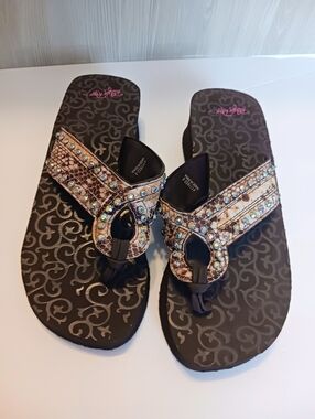 Blazin Roxx Snakeskin Bling  Rhinestone  Flip Flops Womens Size 9 Boho Western